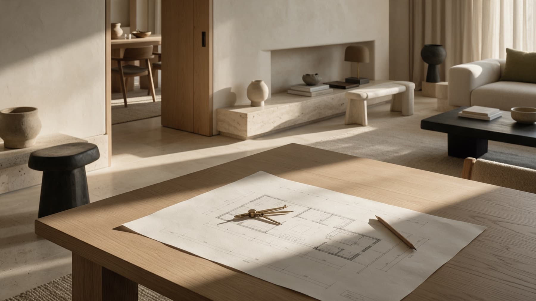 Plano de planta sobre una mesa de roble con una brújula de latón