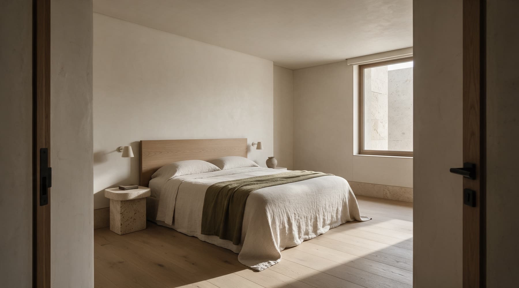 Dormitorio visto desde la puerta con la cama en posición de mando