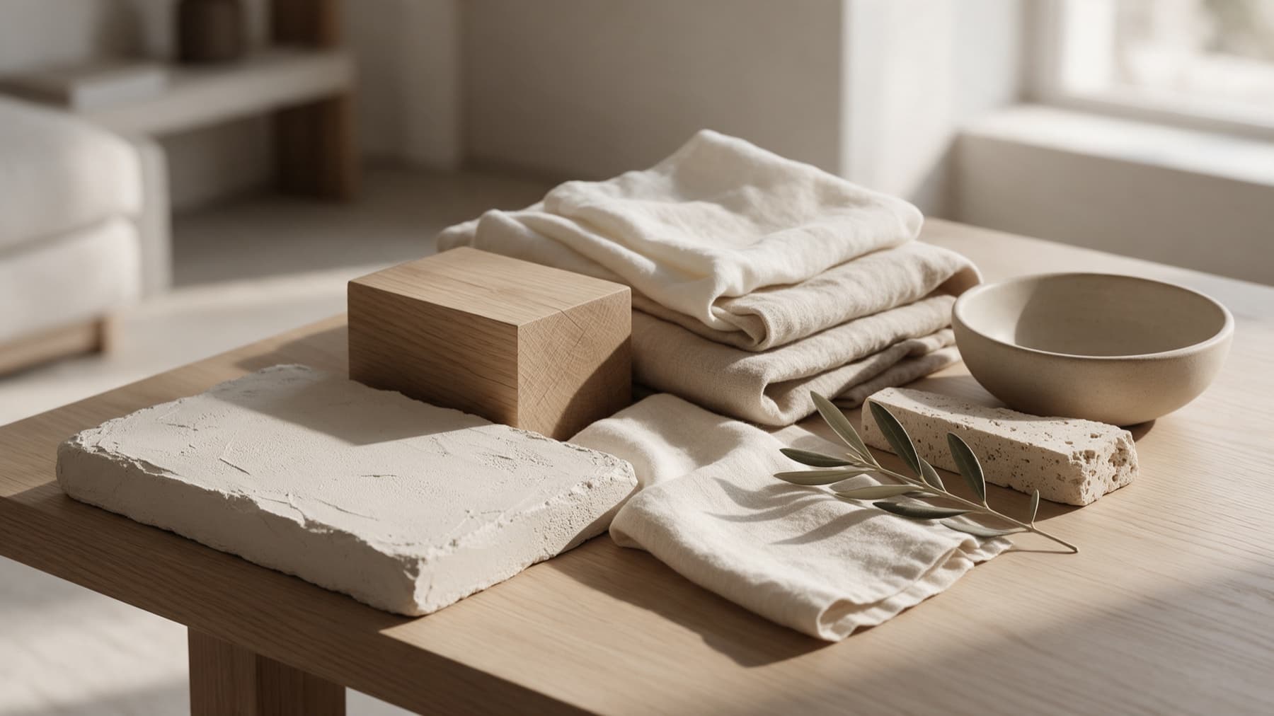 Paleta de materiales reales: estuco, roble, lino, travertino y cerámica