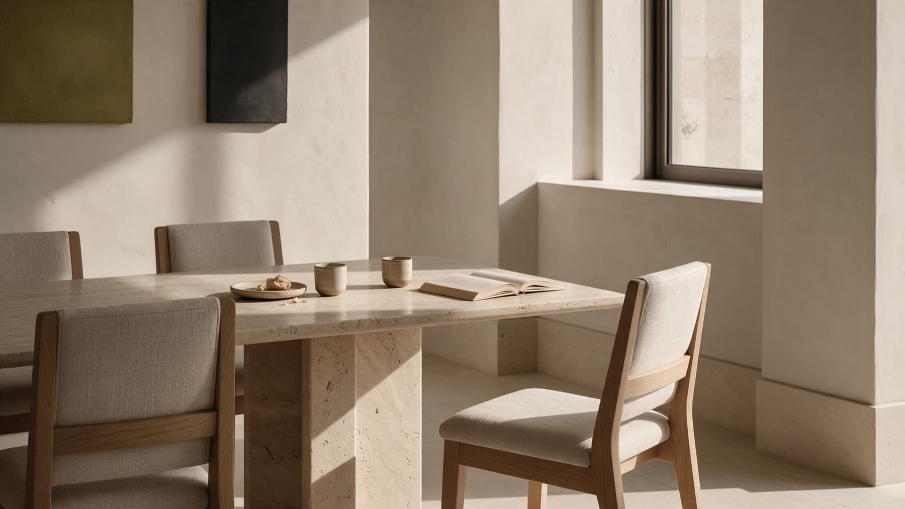 Mesa de comedor después del desayuno con la silla retirada