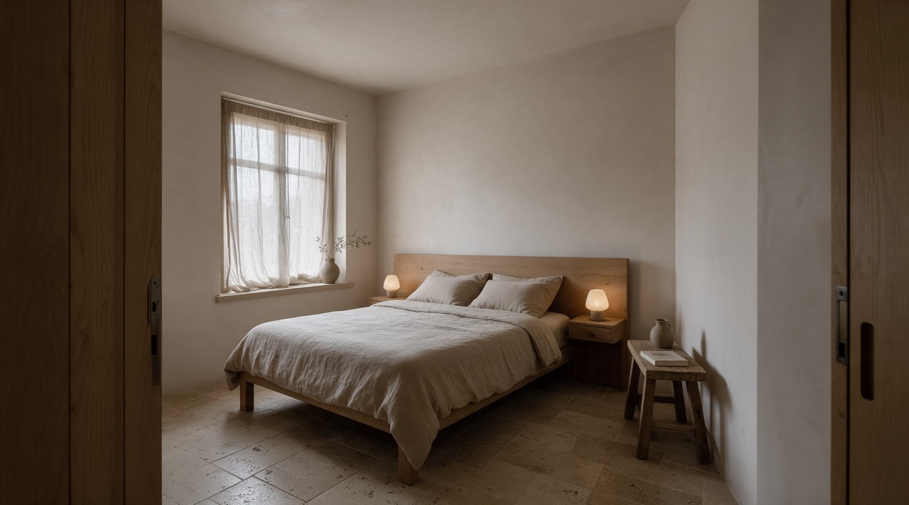 Recreación del después: cama contra la pared sólida con cabecero de roble, dos mesas de noche iguales, sin espejo ni escritorio