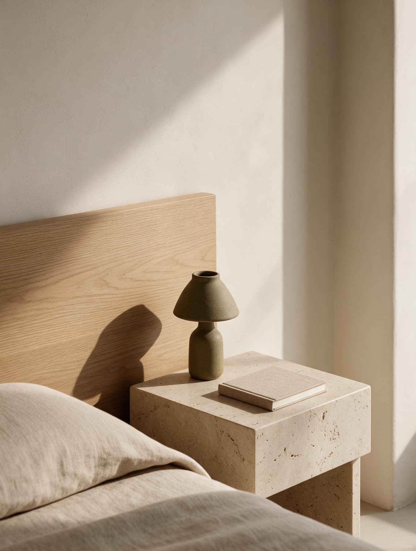 Detalle: cabecero de roble, mesa de noche con lámpara de cerámica y ropa de cama de lino
