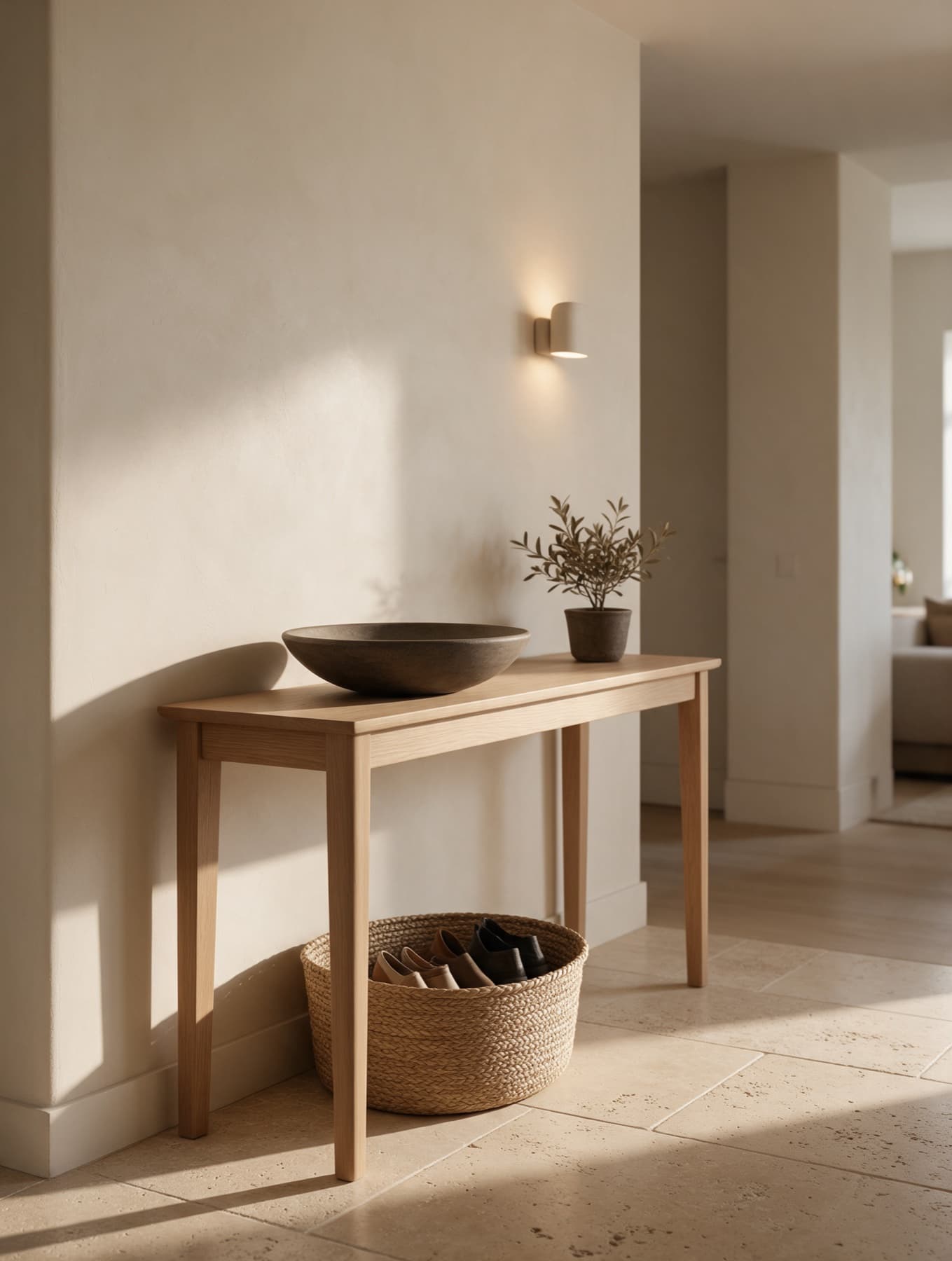 Detalle: consola de roble en la entrada con cuenco para llaves, cesta para zapatos y una planta