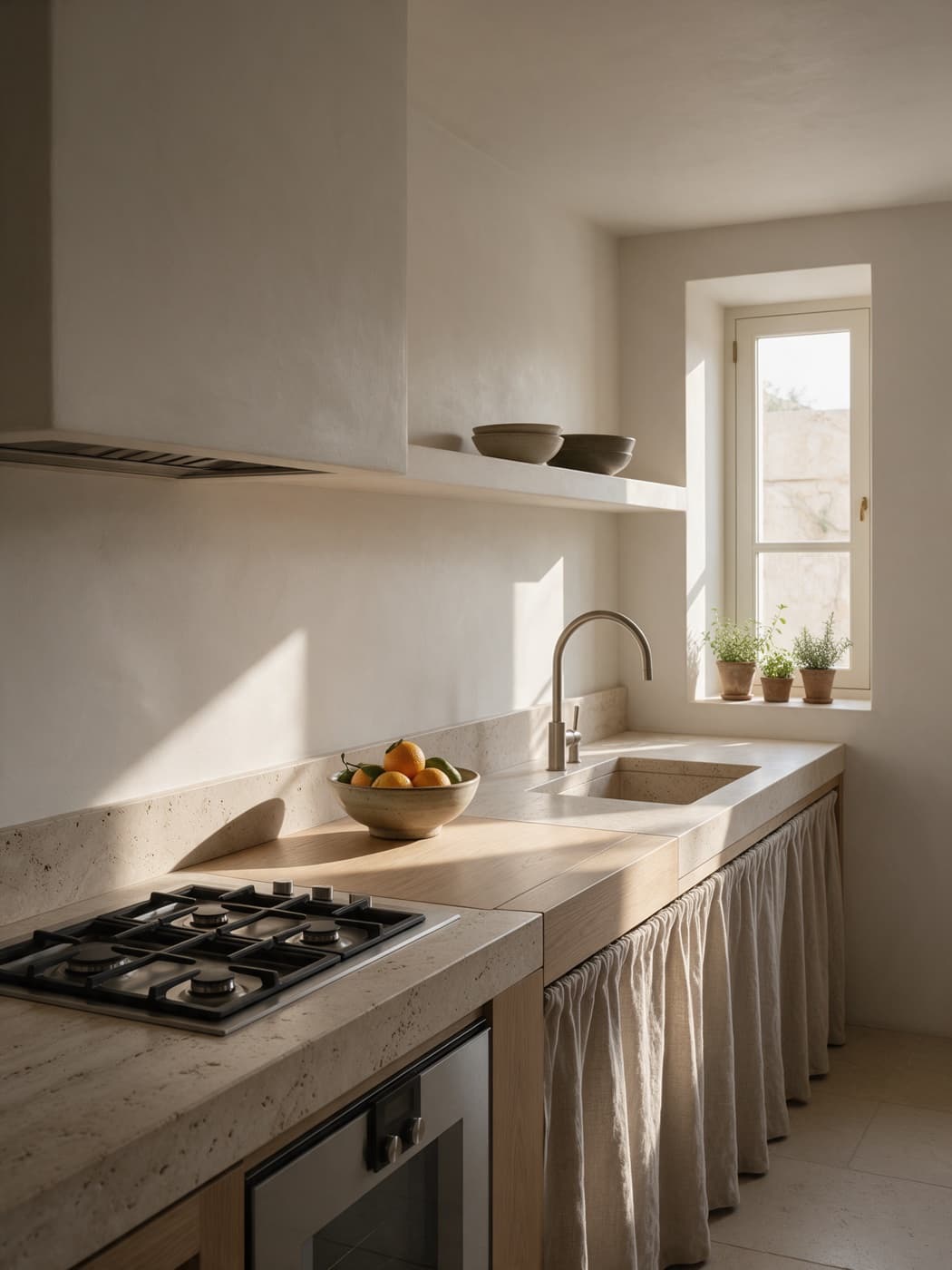 Cocina serena con encimera de piedra, estufa y fregadero separados y hierbas en macetas