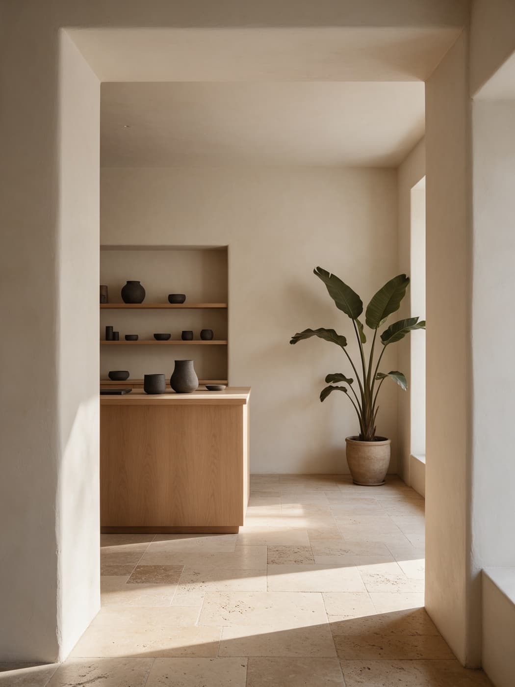 Pequeña boutique de diseño con entrada luminosa y mostrador de roble