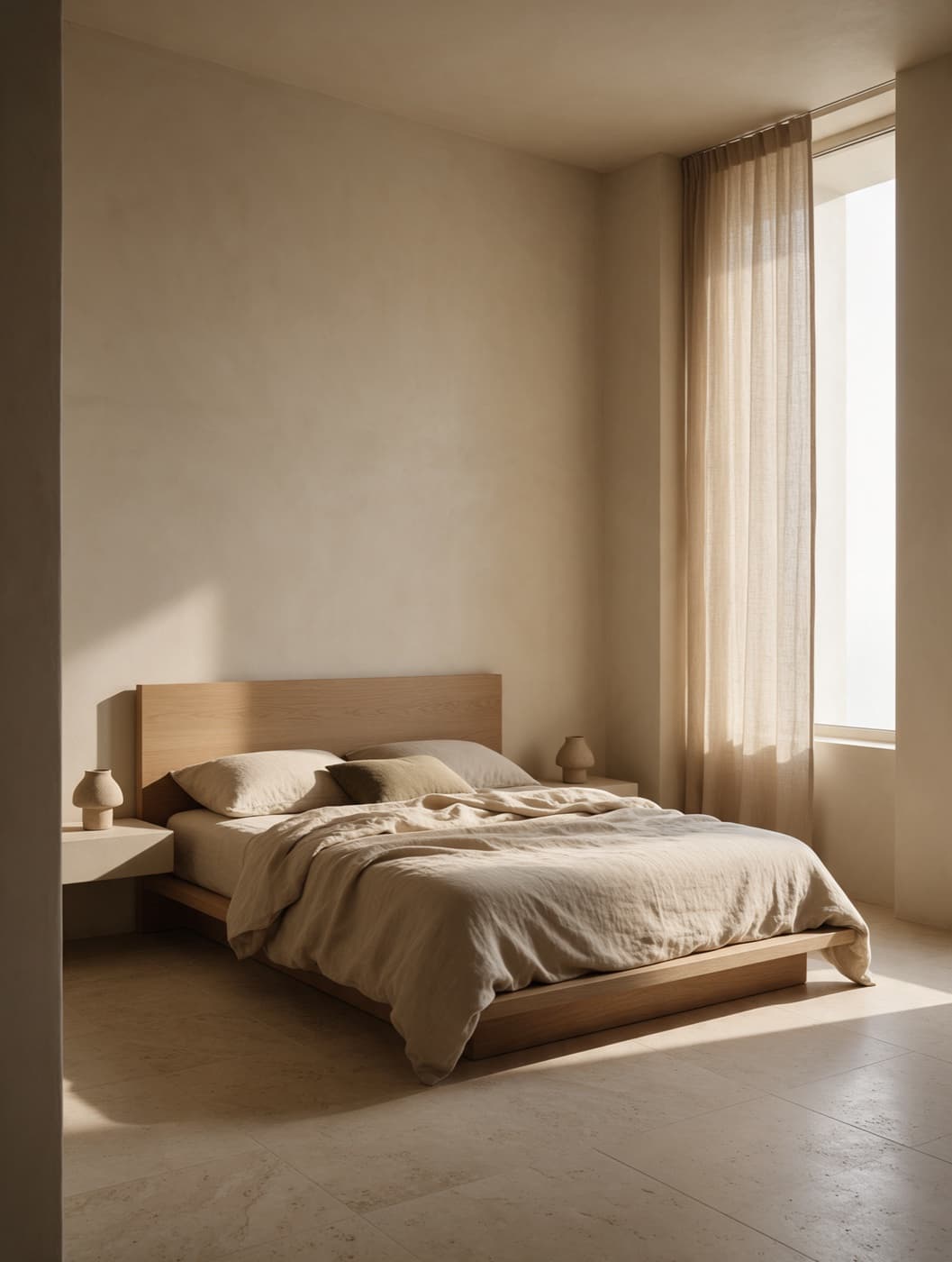 Dormitorio en penumbra de mañana con cabecero de roble y ropa de cama de lino